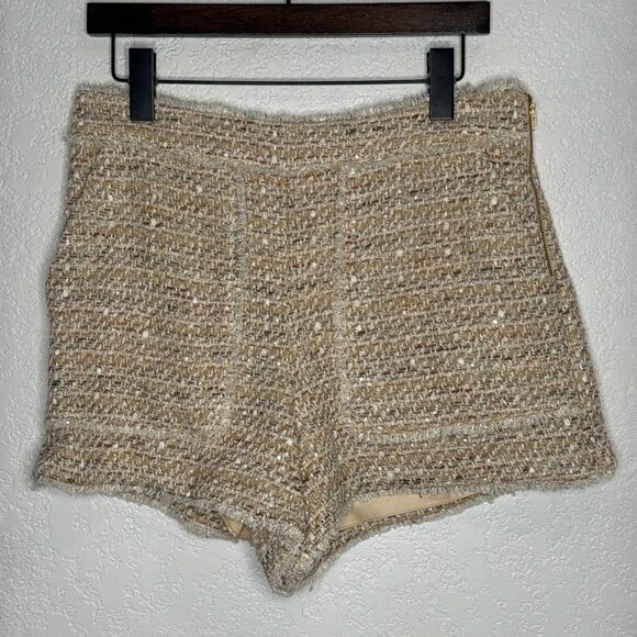 NWT Ramy Brooks Edie Tweed High Waisted Short Size 10 Tan Metallic - Picture 2 of 12